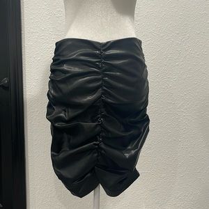Black faux leather ruched skirt